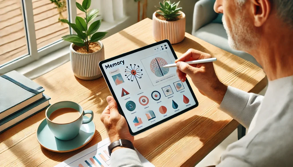 A middle-aged adult using a digital memory worksheet on a tablet in a modern workspace. Ideal for anyone searching for memory worksheets for adults pdf to boost cognitive skills