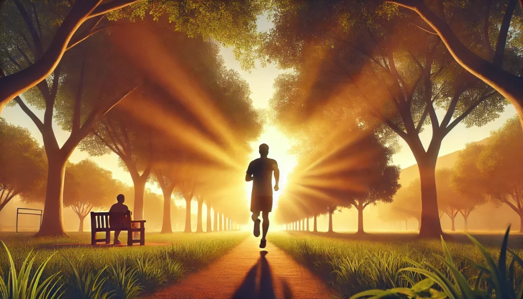 A person jogging through a peaceful park in the early morning, surrounded by trees and a golden sunrise, symbolizing an active start to the day as part of a morning routine.