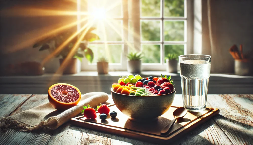 A healthy breakfast setup on a kitchen counter, including a smoothie bowl with fresh fruits, a glass of water, and sunlight streaming through a window, symbolizing nourishing the body as part of a morning routine.