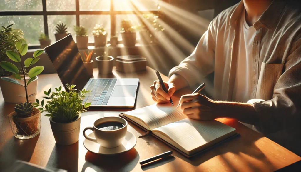 A person journaling at a clean desk with a cup of coffee, a plant nearby, and warm morning sunlight streaming in through a window, symbolizing reflection and planning as part of a morning routine.