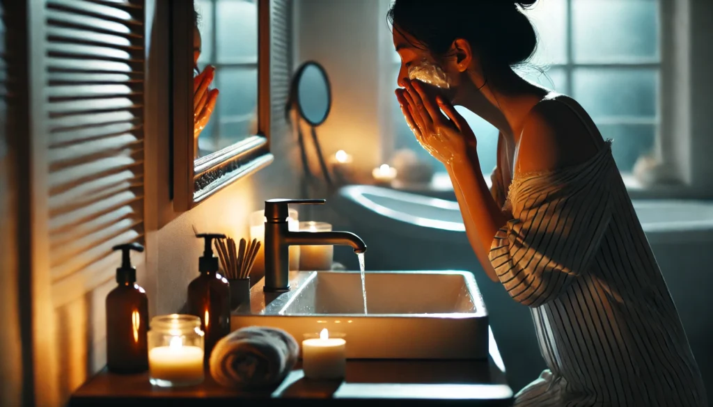 A peaceful bathroom scene with a person washing their face at a sink under soft lighting. The calm setting highlights skincare as an essential step in a nightly routine for relaxation and improved sleep quality.
