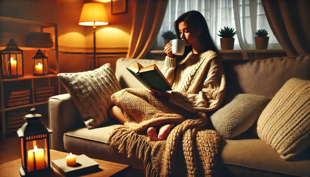 A cozy living room with a person sitting on a couch, wrapped in a blanket, sipping tea, and reading a book. The warm lighting and tranquil atmosphere emphasize winding down as part of an effective nightly routine for better sleep.