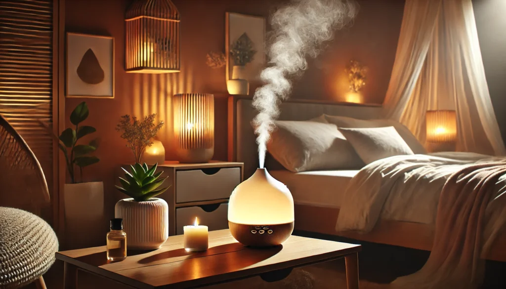 A serene bedroom setting featuring a diffuser emitting a soft mist, warm ambient lighting, a neatly made bed, and calming decor. The peaceful atmosphere highlights relaxation techniques essential for better sleep.