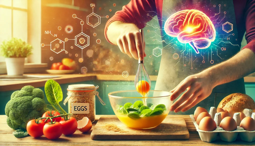 A vibrant kitchen scene featuring a person cracking an egg into a mixing bowl, surrounded by fresh ingredients like spinach, tomatoes, and whole grains, emphasizing home cooking and the incorporation of eggs into a brain-healthy diet.