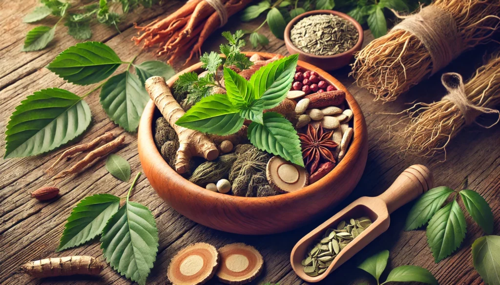 A close-up of a wooden bowl filled with adaptogenic herbs like Rhodiola, Ginseng, and Holy Basil, placed on a rustic surface with fresh leaves. The image represents the natural power of herbal supplements in promoting emotional stability and brain health.