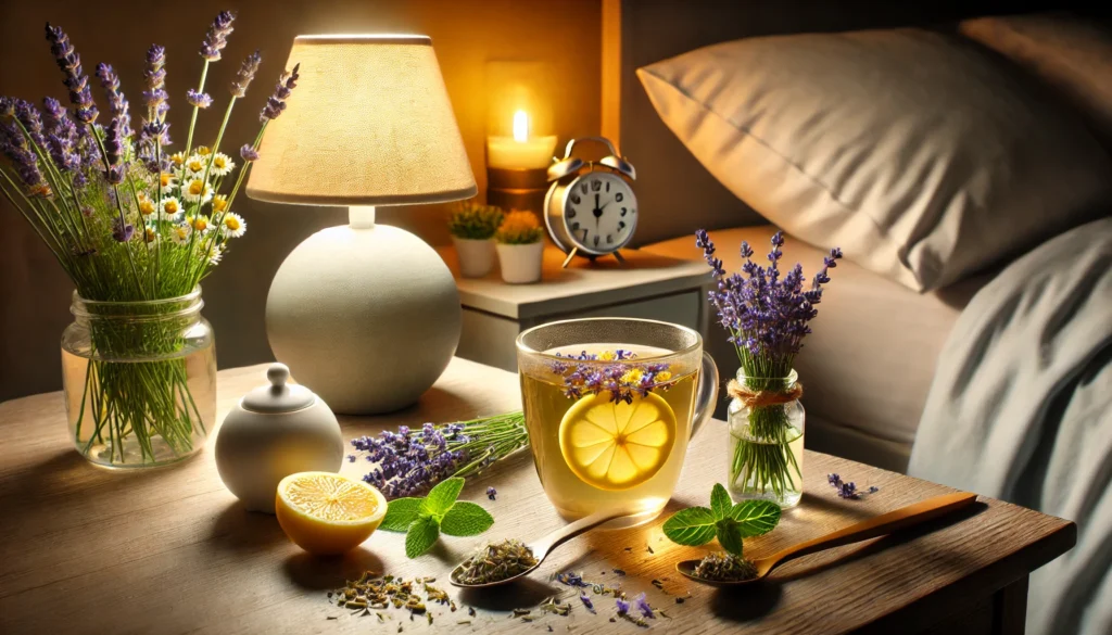 A relaxing evening scene featuring a cup of herbal tea infused with chamomile, lavender, and lemon balm, placed on a bedside table with a softly glowing lamp. The setting represents the calming effects of herbal remedies for anxiety and improved sleep quality.