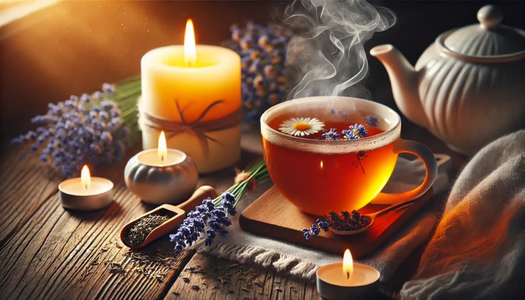 A cozy evening setting with a steaming cup of herbal tea infused with chamomile and lavender, placed next to a softly glowing candle. The warm ambiance represents the calming effects of natural remedies for mood stabilization and cognitive wellness.
