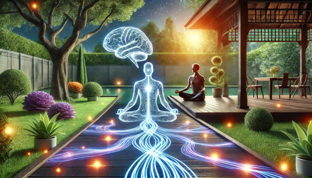 A meditative outdoor setting featuring a person practicing mindfulness in a peaceful garden, surrounded by glowing energy waves symbolizing neural activity. The tranquil atmosphere highlights the benefits of meditation in strengthening neural pathways and enhancing memory retention.