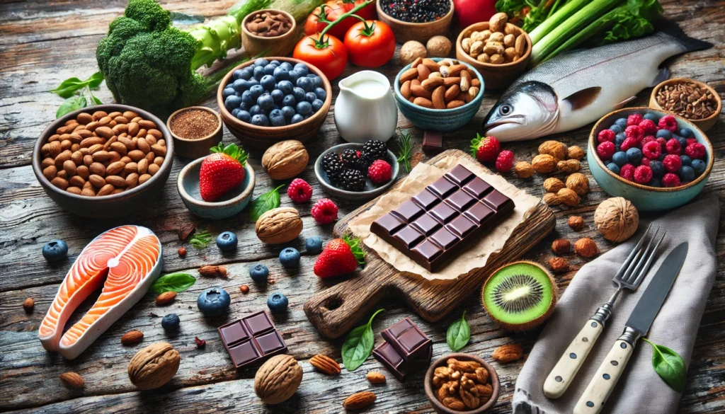 A wellness-inspired kitchen scene with a selection of mood-boosting foods, including dark chocolate, nuts, berries, and fatty fish, arranged on a rustic wooden table. The fresh ingredients symbolize the connection between nutrition and emotional balance.