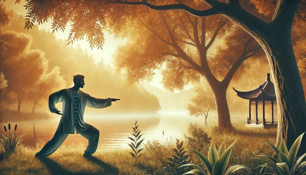 A man gracefully performing Tai Chi near a calm lake with autumn-colored trees, illustrating mindful movement for stress reduction and body ache relief.