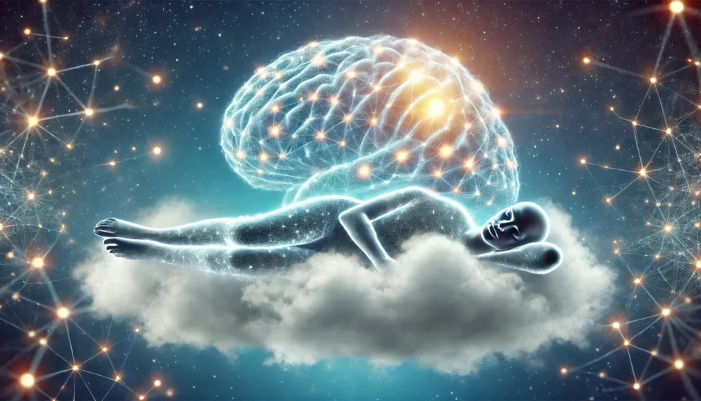 A conceptual visualization of a human brain resting on a cloud, with glowing neural connections strengthening and reorganizing. The dreamy atmosphere represents how sleep enhances memory retention and cognitive function.
