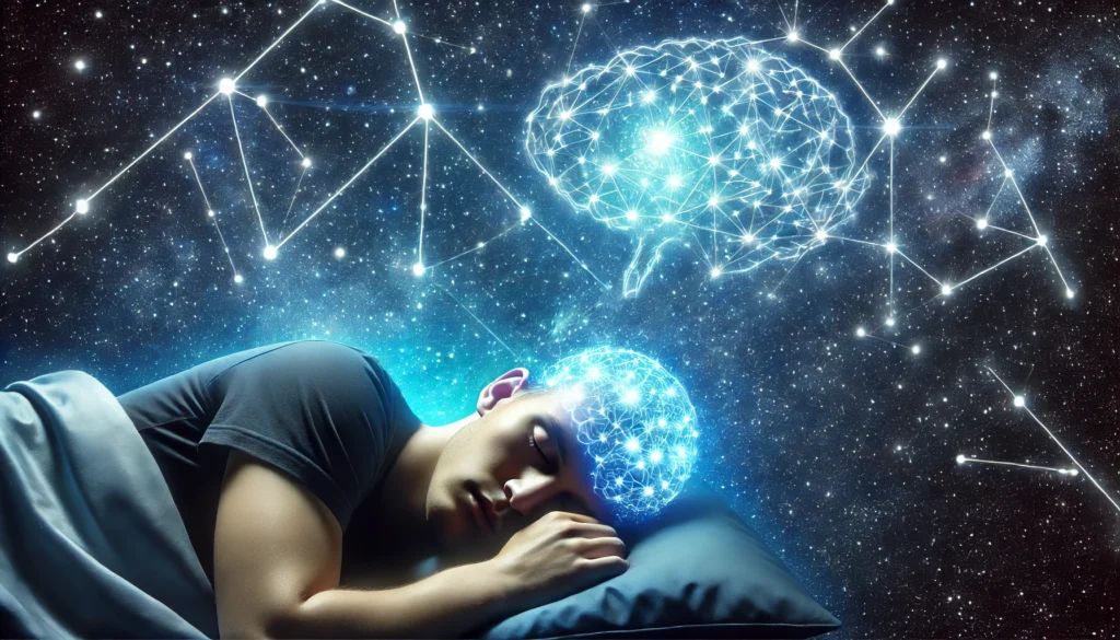 A cosmic representation of a person sleeping, with their brain connected to a glowing network of neural pathways resembling constellations. The image illustrates how deep sleep facilitates memory formation and cognitive processing.