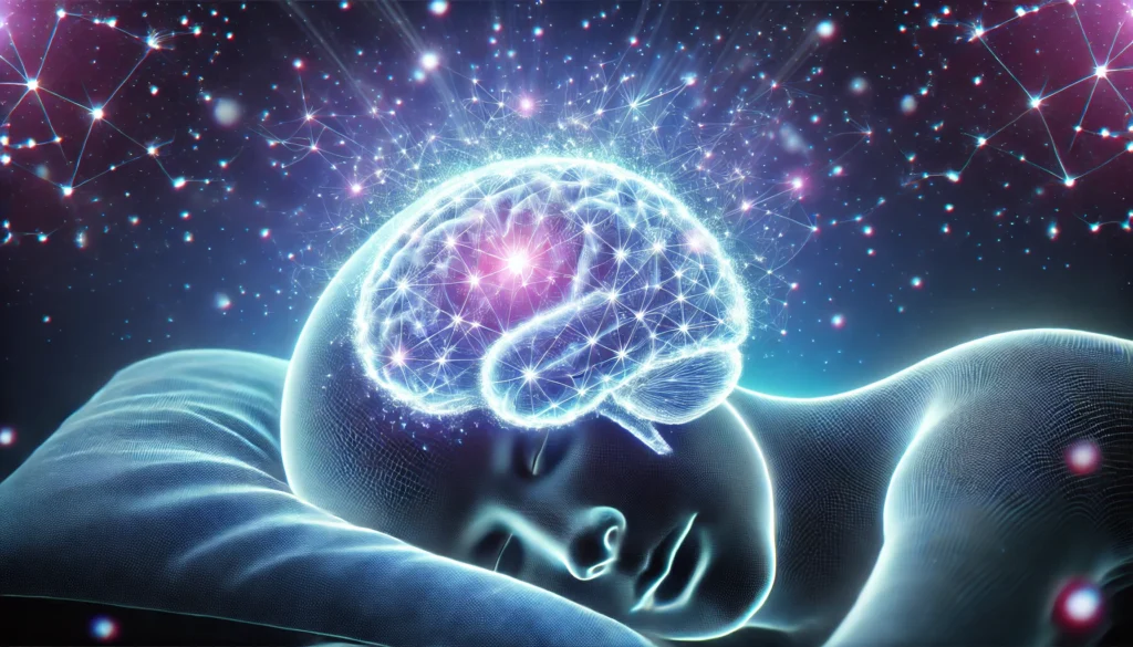 A futuristic digital visualization of a brain undergoing memory consolidation during deep sleep, with glowing neural pathways reorganizing and expanding. The soft blue and purple lighting represents the calming effects of sleep on cognitive function.