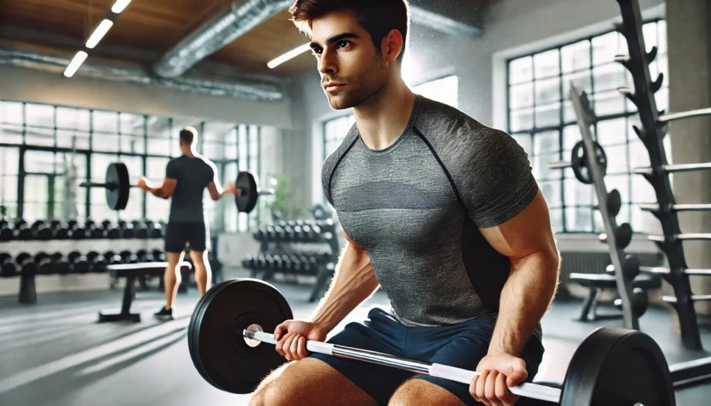 A man lifting weights in a modern gym, looking focused and determined. The atmosphere is bright and motivating, illustrating how strength training supports cognitive function and mental clarity.