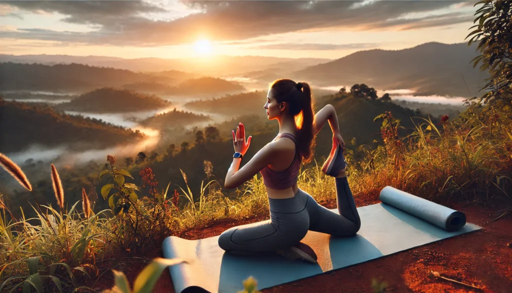 A woman practicing yoga on a peaceful hilltop at sunrise, surrounded by nature. She looks focused and calm, emphasizing the link between exercise, mindfulness, and cognitive function.