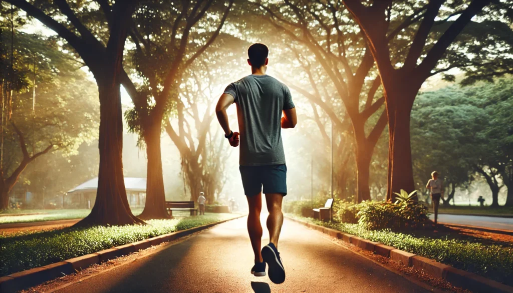 A person jogging through a scenic park in the early morning, looking refreshed and energized. The sunlight filters through the trees, creating a serene atmosphere that highlights the connection between exercise and cognitive health.