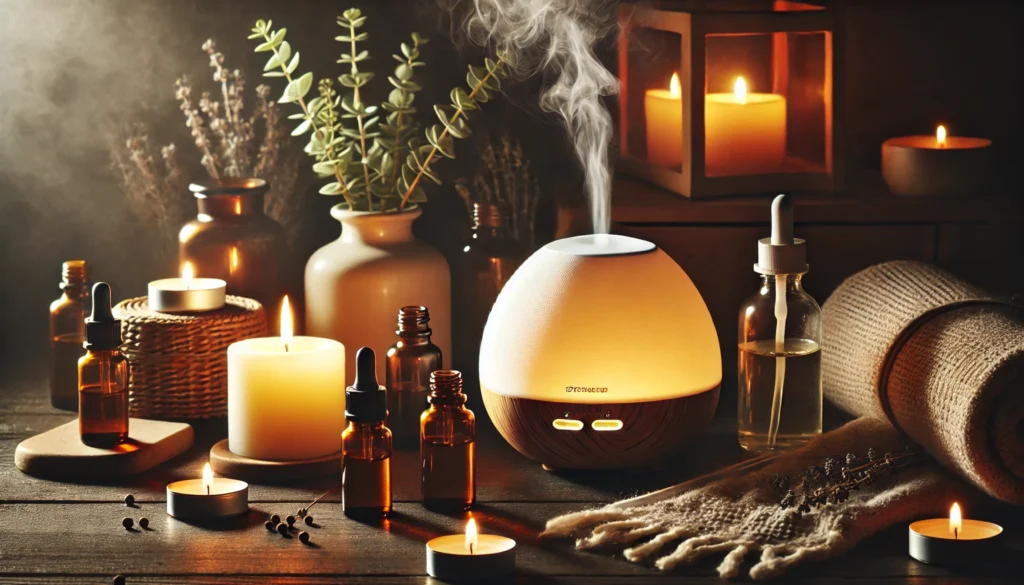A cozy space featuring essential oils, diffusers emitting mist, and candles, creating a calming ambiance through soothing scents.
