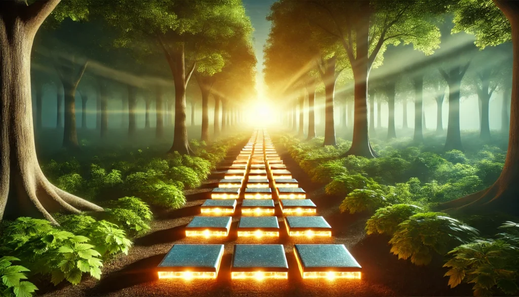 A scenic forest pathway made of glowing stepping stones, symbolizing progress in habit formation. The path leads to a bright clearing filled with golden sunlight, representing transformation and personal growth.