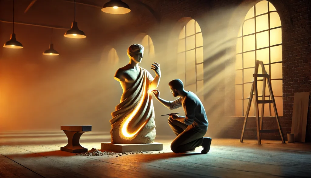 A serene studio scene where a person sculpts a glowing statue out of raw stone, symbolizing the deliberate process of habit formation as a way to shape one’s life. The soft, warm lighting enhances the theme of transformation.