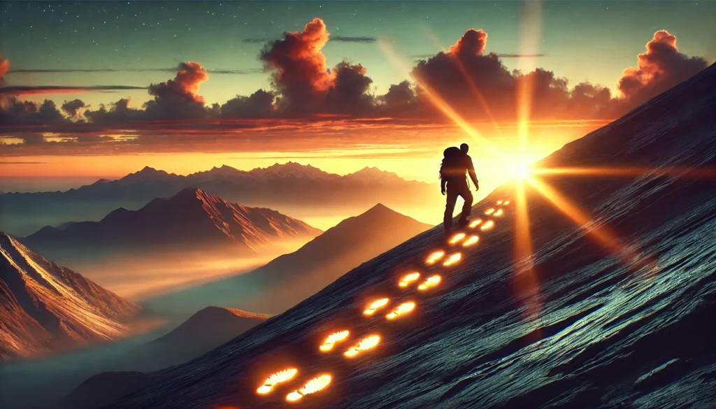 A breathtaking sunrise over a mountain, with a person climbing upward and leaving glowing footsteps on the trail. The glowing steps symbolize the small, consistent efforts involved in habit formation, leading to personal transformation and success.
