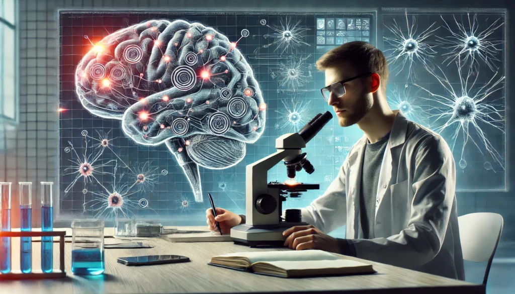 A person using a microscope in a modern lab, with detailed visuals of neural pathways and synapses displayed on a digital screen, symbolizing the microscopic processes behind habit development.
