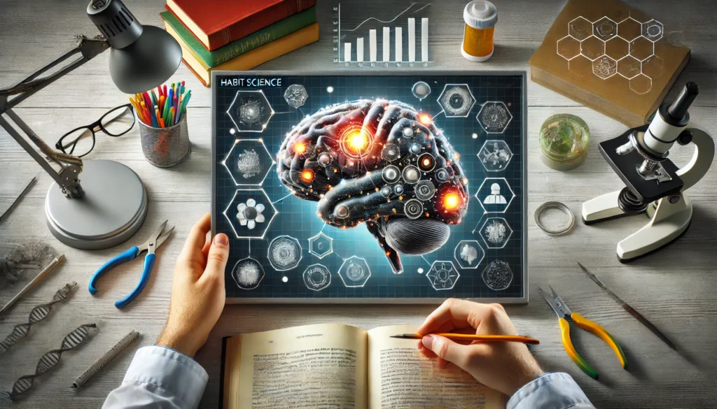 A person examining a 3D printed brain model with highlighted areas of activity, surrounded by scientific tools and books, symbolizing the exploration of habit science and cognitive function.