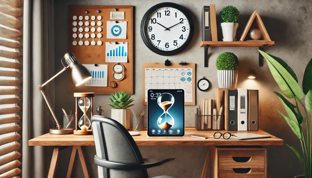 An inspiring home office setup with an hourglass, a wall clock, and a digital task board on a tablet. The workspace includes a comfortable ergonomic chair, decorative plants, and soft lighting, creating a productive and time-conscious atmosphere.