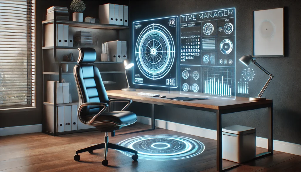 A futuristic high-tech workspace with a glowing holographic calendar and task manager on a sleek desk. The setup features an ergonomic chair, minimal decor, and ambient lighting, focusing on time management for busy professionals.