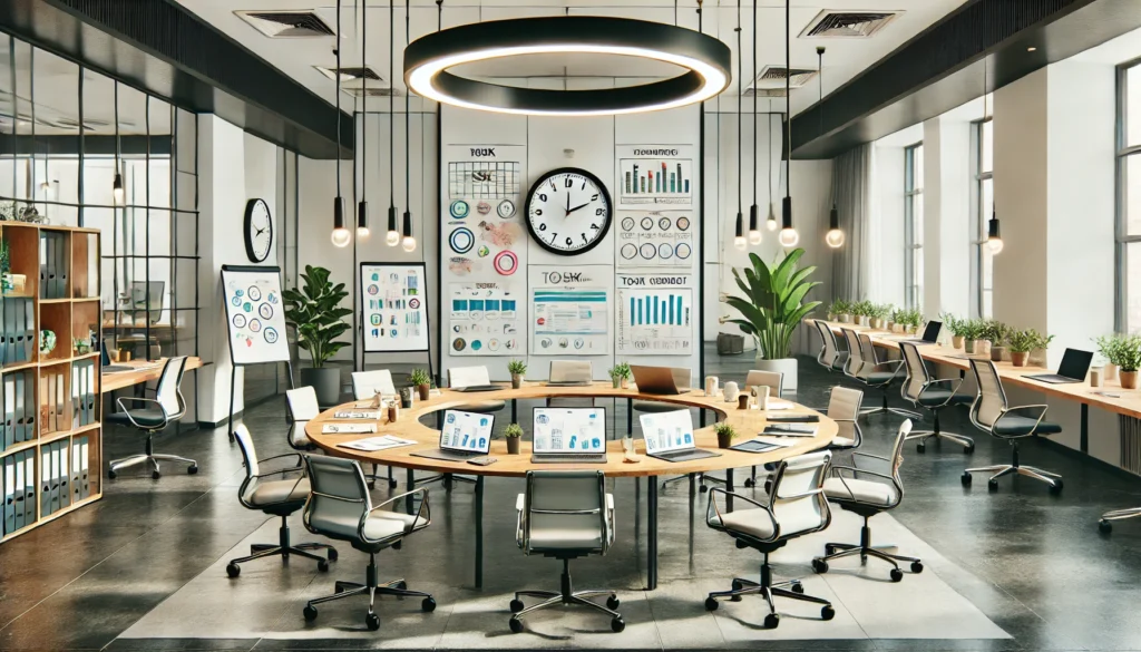A collaborative office setup with a central table featuring a digital clock, organized task charts, and brainstorming tools. The space is brightly lit, decorated with greenery, ergonomic seating, and clean modern decor to enhance productivity and time efficiency.
