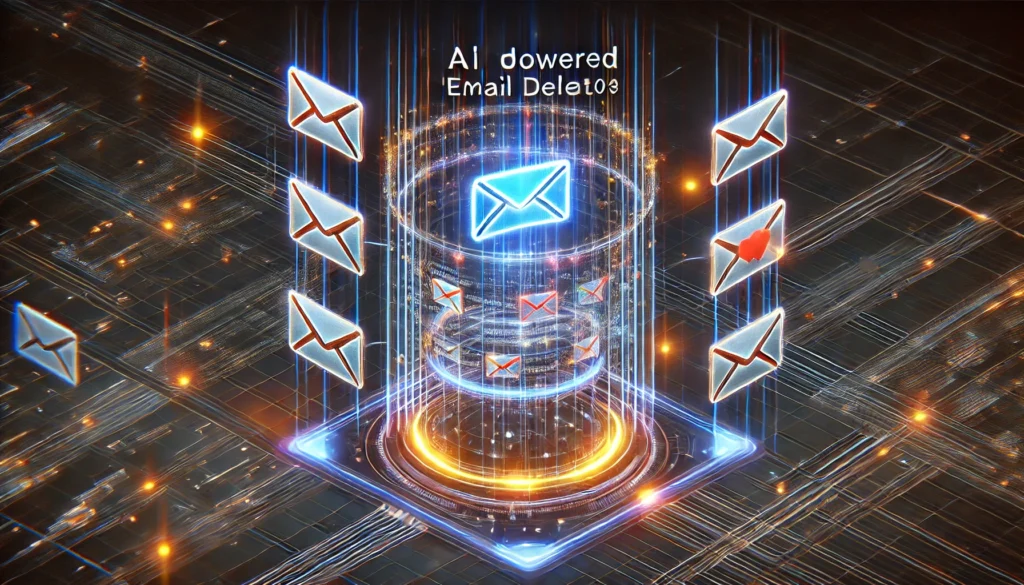 "A high-tech visualization of an AI-powered 'email deleter' managing a Gmail inbox, unblocking important emails while filtering out spam."