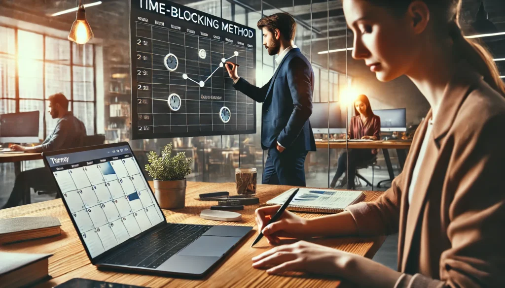 "A professional working in a modern coworking space, utilizing a time-blocking method on a digital calendar to optimize workflow and enhance time management strategies."