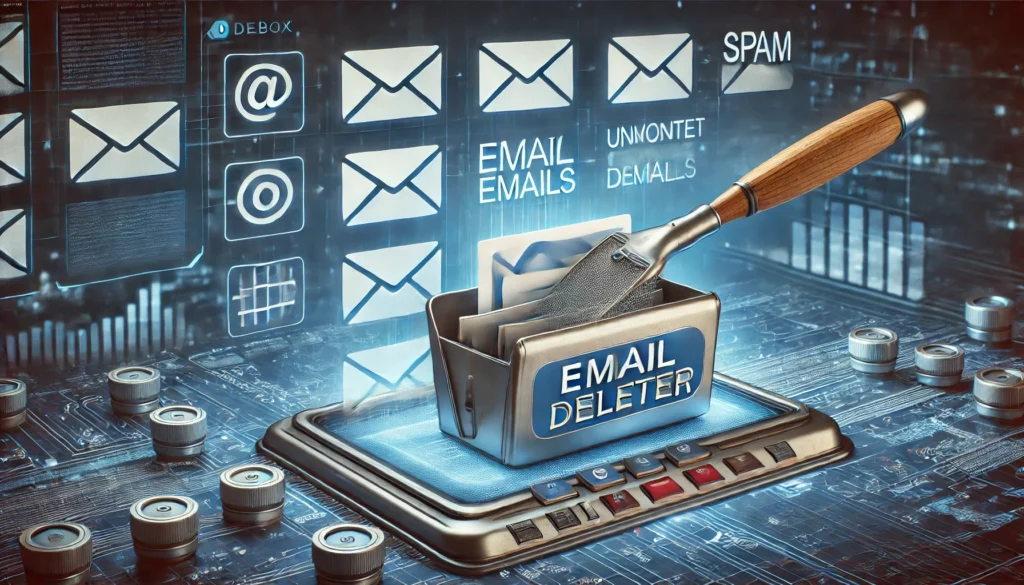 "A creative 3D-rendered image of a digital inbox being cleaned by an 'email deleter' tool, efficiently sorting important messages from unwanted emails."