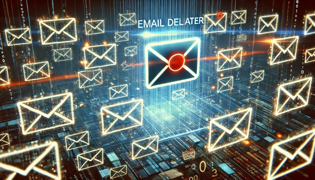 "An artistic visualization of an 'email deleter' system working on a holographic Gmail interface, dynamically removing spam and unblocking emails."