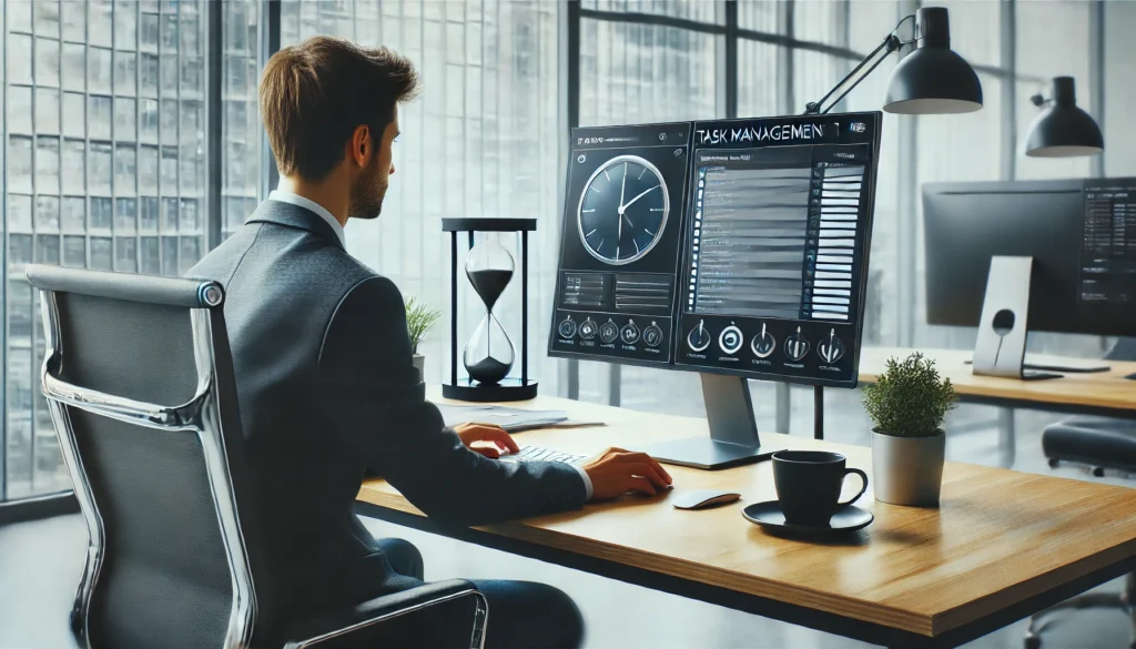 "A modern office environment with a professional using a digital task management tool on a large monitor, reflecting effective time management strategies and productivity."