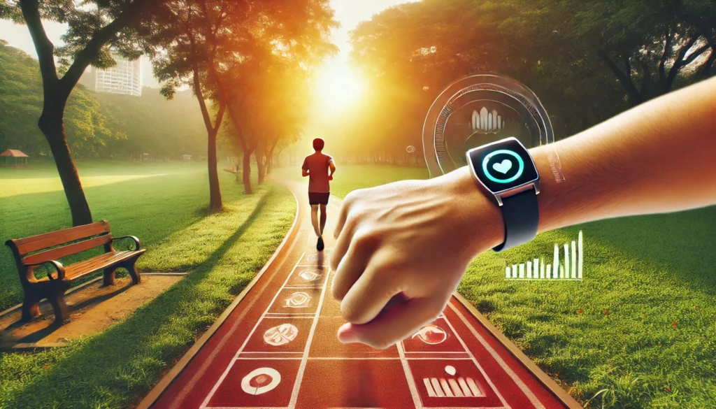 A peaceful park scene with a winding running track, a person jogging wearing a smartwatch, and a golden sunrise in the background, symbolizing effective time management and achieving health and productivity goals.