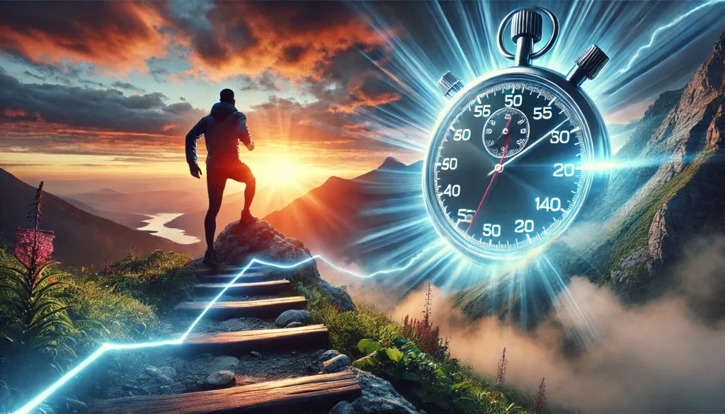 A person hiking up a mountain trail at sunrise, with a glowing stopwatch subtly blended into the vibrant sky, symbolizing the connection between time management and achieving ambitious goals.