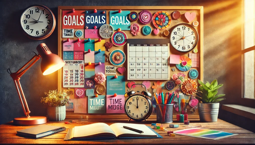 A vibrant vision board showcasing colorful pinned goals, a calendar, and motivational imagery, with a wooden desk below featuring a clock, notebook, and pen, representing time management and goal setting.