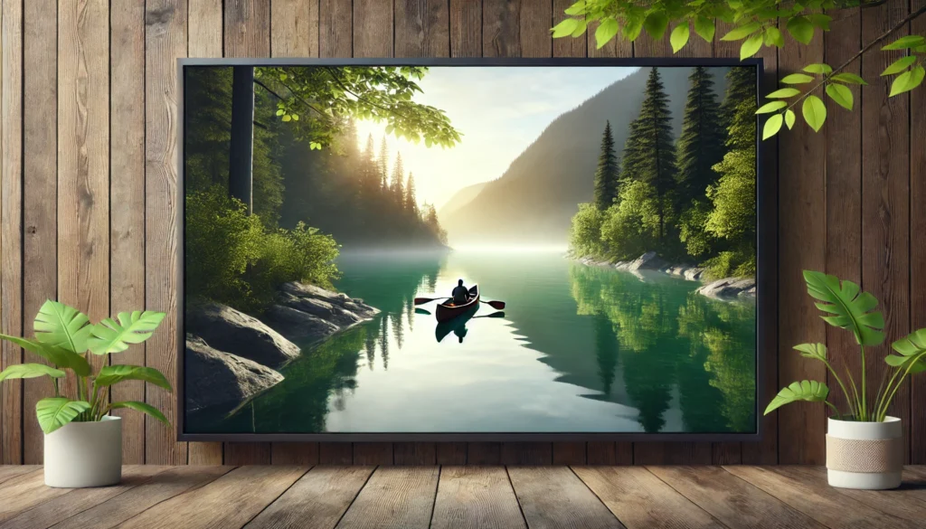 A calm lake surrounded by lush green trees, with a lone canoe gliding across the water under soft morning light, symbolizing inner peace and the pursuit of motivation through introspection.