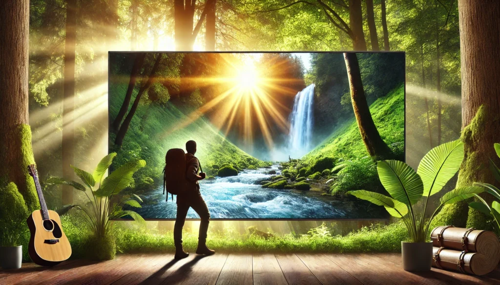 A person hiking through a lush forest with sunlight streaming through the trees, pausing to admire a cascading waterfall in the distance, symbolizing the journey and discovery of true motivation.