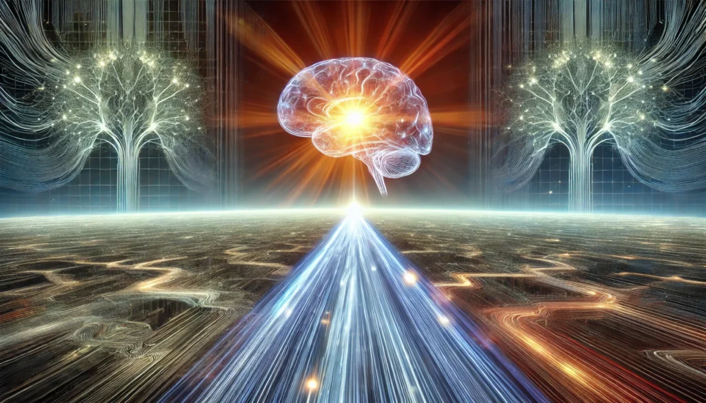A surreal digital landscape with a glowing pathway leading to an illuminated mind, showcasing neural pathways extending into the horizon, representing brain optimization, cognitive function, and heightened focus through nootropic enhancement.