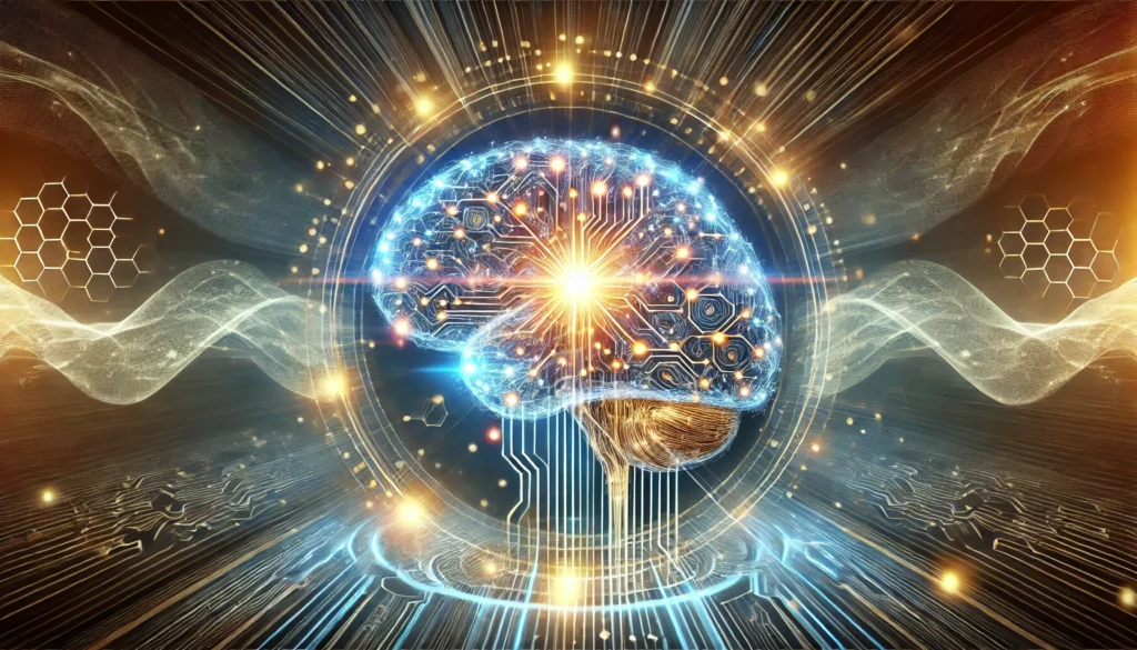 Futuristic digital representation of a human brain with glowing neural connections, symbolizing cognitive enhancement and peak mental performance against a high-tech, abstract background.