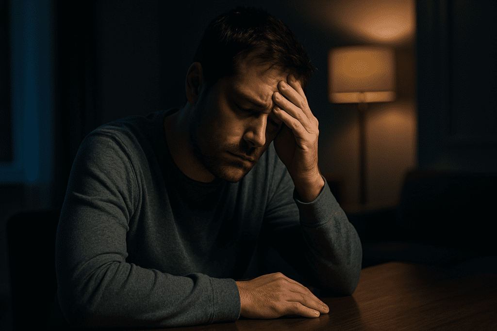 A tired man in a gray sweatshirt sits alone at a table in dim lighting, resting his head in his hand with a fatigued expression. The moody contrast between a warm floor lamp and cool blue window light evokes emotional exhaustion and the struggle with low energy, highlighting the need for natural fatigue remedies and focus-enhancing nootropics.