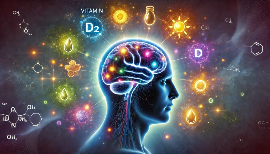 A conceptual image of a human brain surrounded by glowing nutrient symbols, including vitamin B12, vitamin D, magnesium, and iron, with some areas appearing foggy to visually represent cognitive decline and the impact of vitamin deficiencies.