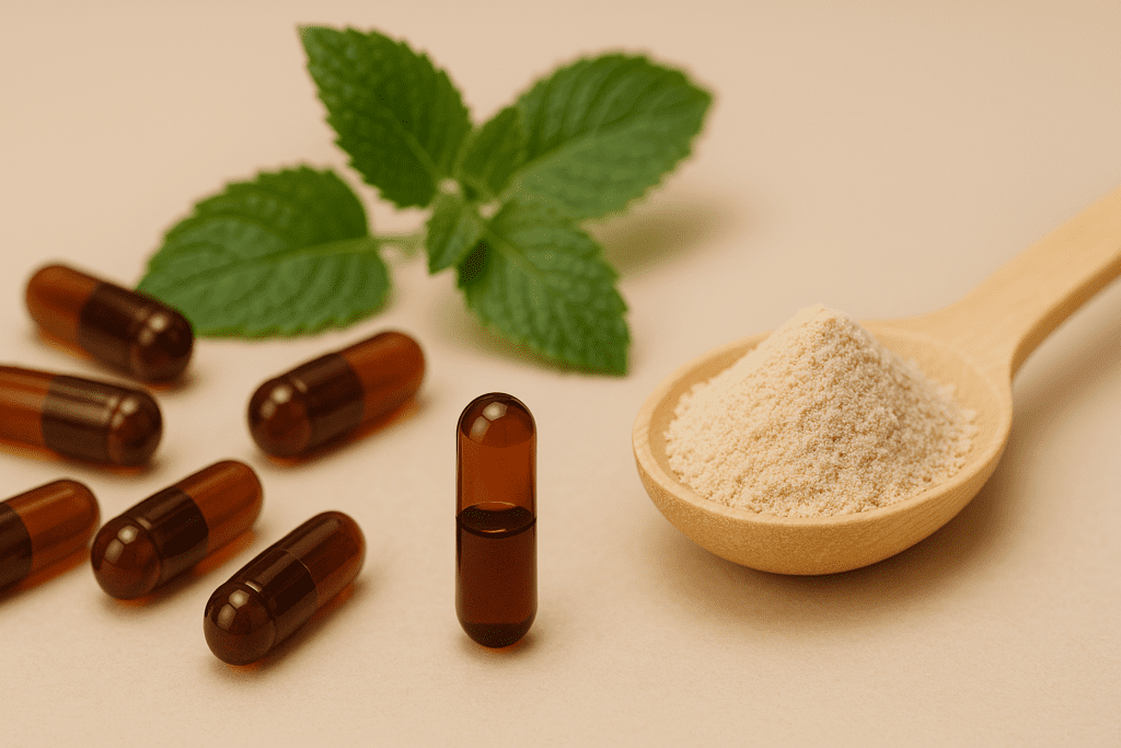 "Amber-colored softgel capsules with powdered supplement and mint leaves, visually depicting herbal and scientific blends for enhanced metabolism and concentration."