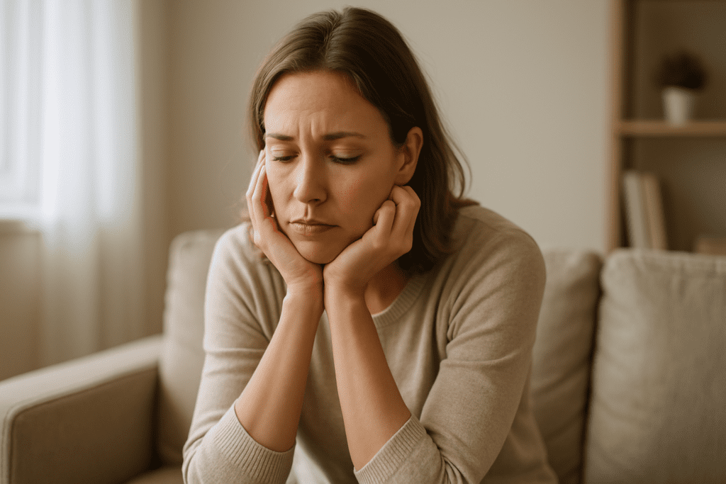 A woman in her early 30s sits on a beige couch in a softly lit room, resting her head in her hands with a tired, reflective expression. The neutral-toned setting includes a bookshelf and a potted plant in the background.