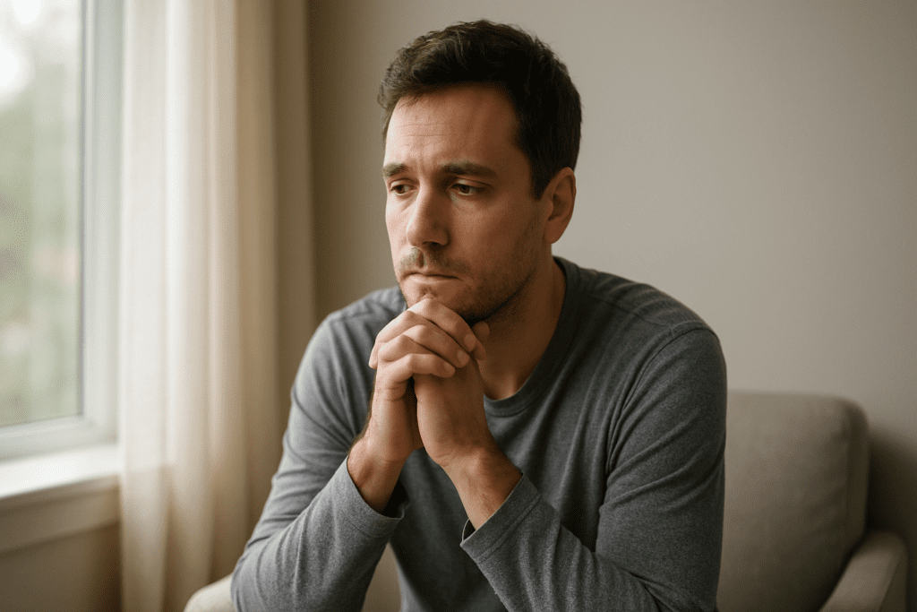 A light-skinned man in his 30s sits by a sunlit window in a neutral-toned room, resting his chin on clasped hands with a thoughtful expression, wearing a gray long-sleeve shirt.