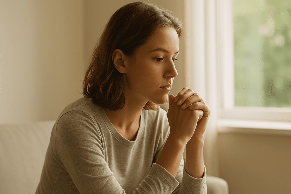 A young woman with light brown, shoulder-length hair sitting thoughtfully by a window, her hands clasped in front of her as soft morning sunlight gently illuminates her face, evoking a serene and introspective atmosphere.