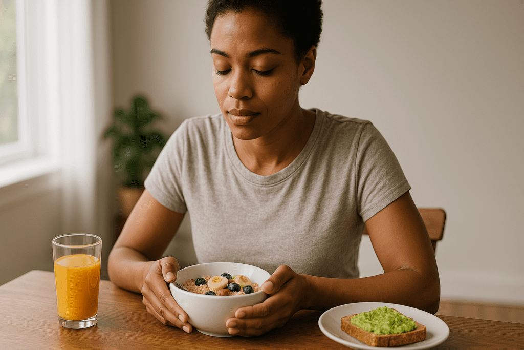 A young African American woman sits peacefully at a wooden table in soft morning light, holding a bowl of oatmeal topped with fresh fruit. Avocado toast and a glass of orange juice sit nearby, with a blurred green plant in the background.