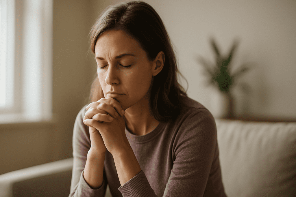 A woman with light brown hair sits on a neutral-colored sofa in a softly lit room, eyes closed and hands clasped in front of her face, appearing deep in thought or quiet reflection.