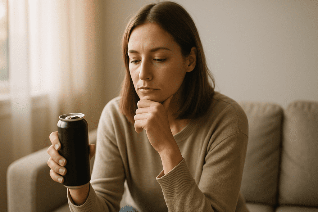 A young woman sits on a beige couch in soft natural morning light, holding an energy drink can while resting her chin in her hand, appearing thoughtful in a calm, cozy living room.